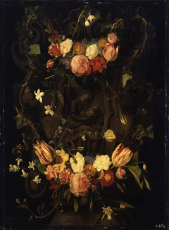 Sculpted cartouche adorned with flowergarlands with a representation of the Virgin and Christ-child by Daniel Seghers