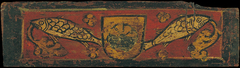 Small coffered ceiling panel with coat of arms and fishes devouring plant motifs by Anonymous