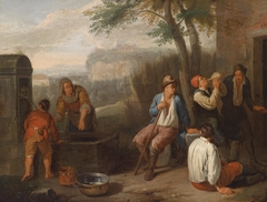 Southern Landscape with a well and drinking Peasants by Norbert van Bloemen