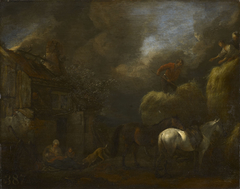 Stacking a Hayrick under a Stormy Sky by Philips Wouwerman