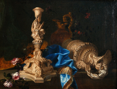 Still life with candlestick of the "Labours of Hercules" series and two ewers by Meiffren Conte