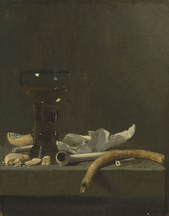 Still life with roemer, clay pipe and a lit taper on a ledge by Jan Fris