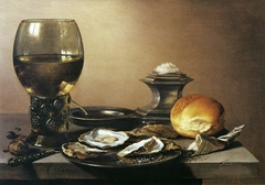 Still life with roemer, oysters, salt cellar and bread by Pieter Claesz