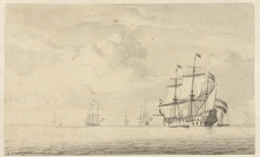 Stille zee met enkele oorlogsschepen by Willem van de Velde I