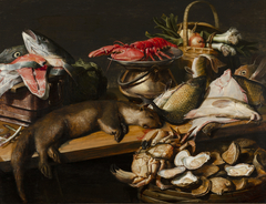 Stilleven met vis, groenten en een bever by Frans Snyders