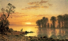 Sunset, Deer and River by Albert Bierstadt