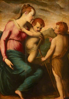 The Madonna and Child with the Infant John the Baptist in a Landscape by attributed to Luca Longhi