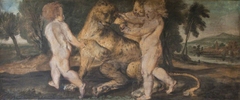 Three Putti playing with a Leopard by Francis Cleyn