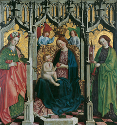 Thronende Maria mit den Hll. Margarethe und Barbara (Vorderseite); Schmerzensmann in Rankenornament (Rückseite) by Meister von Uttenheim