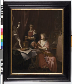 Vrouw en dienstbode in een atelier by Johannes Voorhout