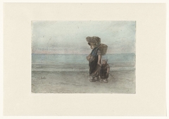 Vrouw met kind, lopend over het strand by Jozef Israëls