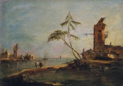 Vue de l'entrée d'un chenal avec deux tours by Francesco Guardi