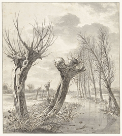 Winterlandschap met knotwilgen langs een bevroren sloot by Jacob van Strij