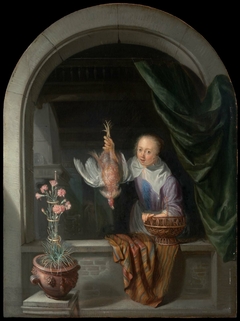 Woman in a Window, Holding a Dead Fowl by Domenicus van Tol