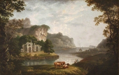 Wooded River Landscape with Drovers and Cattle beside a Ruined Castle by Anonymous