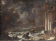 A Coast Scene with Ruins and Shipwrecks by Leonardo Coccorante