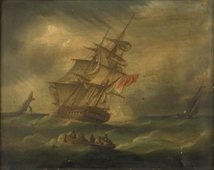 A frigate and a naval cutter chasing a French cutter, with a boat recovering a man overboard by James E Buttersworth