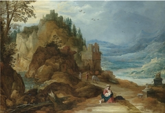 A mountainous river landscape with the Rest on the Flight into Egypt by Joos de Momper the Younger