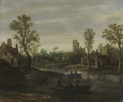 A river landscape with a village beyond by Jan van Goyen