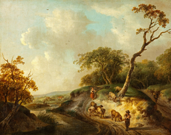 A Rustic Scene with Sheep and Shepherds by Julius Caesar Ibbetson