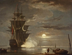 A ship firing a gun by moonlight by Francis Swaine