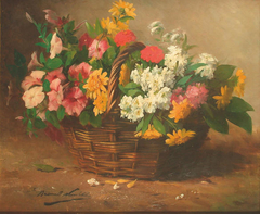 A still life of flowers in a basket by Alfred-Arthur Brunel de Neuville