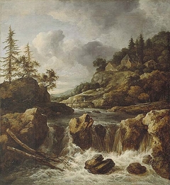 A Waterfall with village, footbridge and pine trees by Jacob van Ruisdael