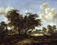 A wooded landscape with cottages by Meindert Hobbema