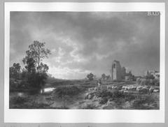 Abendlandschaft in der Campagna mit Schafherde by Oswald Achenbach