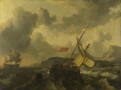 An English Vessel and a Man-of-war in a Rough Sea by Ludolf Bakhuizen