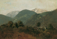 Blick von Scheuchenstein zum Gauermannhof mit Schneeberg im Hintergrund by Friedrich Gauermann