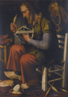 De gortenteller, a Dutch proverb of an old man spinning his reel by Pieter Pietersz the Elder