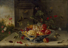 Decorative Still-Life Composition with a porcelain Bowl, Fruit and Insects by Jan van Kessel the Elder