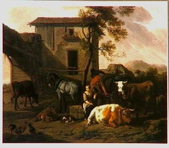 Farmyard with a woman and farm animals by Dirck van der Bergen