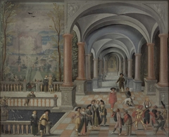 Festive Gathering and Figures from a Commedia dell'Arte in a Gallery by Monogrammist DB schilder