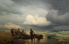 Fiskere trækker våd på Skagen Nordstrand by Carl Neumann