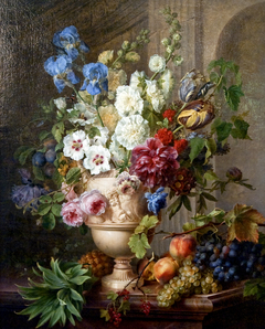 Fleurs dans un vase en albâtre avec des fruits sur un plateau de marbre by Gerard van Spaendonck