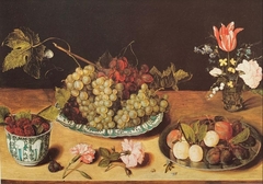 Glass of flowers, plate with grapes, plate with plums and crow cup of black raspberries by Isaak Soreau