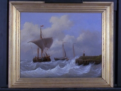 Havenhoofd met schepen by Emanuel de Vries