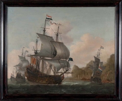 Het vertrek van het door Sijbrand Barendsz Waterdrincker gecommandeerde eskader oorlogsschepen, uit de monding van de Taag bij Cascais, na het aan land brengen van de Portugese ambassadeur op 28 mei 1648 by Jan Abrahamsz Beerstraaten