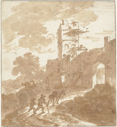 Italiaans landschap met weg naar een stadspoort by Adriaen van der Kabel