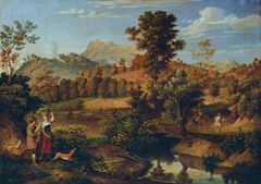 Italienische Landschaft mit pflügendem Landmann (Die Serpentara bei Olevano, Landschaft bei Paliano) by Joseph Anton Koch