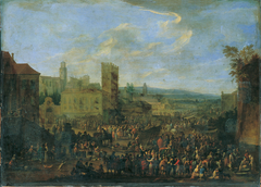 Jahrmarkt mit zinnenbekröntem Bergfried by Franz de Paula Ferg