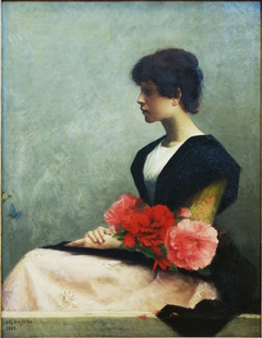 Jeune femme assise tenant des fleurs dans les bras by Alfred Agache