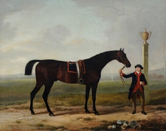 'Juniper', a Bay Racehorse, held by a Groom probably on Doncaster Race-course; with the 1774 Doncaster Gold Cup displayed by Sawrey Gilpin