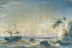 Kriegsschiff vor den Südseeinseln by Josef Püttner