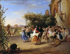 Ländliches Fest mit Blick auf den Venustempel von Bajae und die Insel Ischia by Franz Ludwig Catel