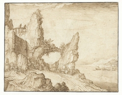 Landscape with steep rock formations along a river by Jacob de Gheyn II