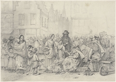 Marktplein met groenteverkoopster by Willem Pieter Hoevenaar