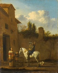 Mounted trumpeter taking a drink by Karel Dujardin